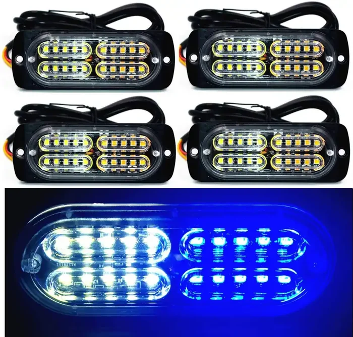 12-24V 20-Led Super Bright Emergency Warning Caution Hazard Construction Waterproof Amber Strobe Light Bar With 16 Different Flashing For Car Truck Suv Van – 4Pcs (White Blue)