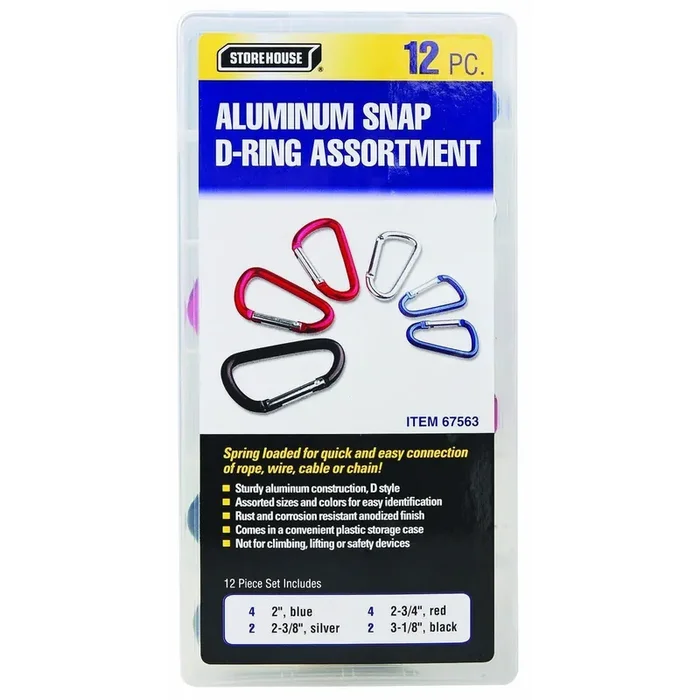 12 Pack Colored Anodized Aluminum Snap D-Ring Set Sizes 2 In., 2-3/8 In., 2-3/4 In., 3-1/8 In.