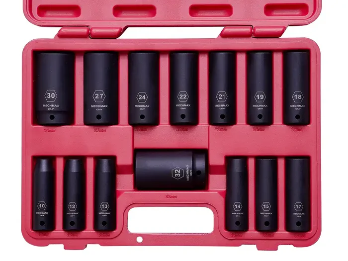 14 Piece Mechmax Heavy Duty Thick Wall Impact Deep Socket Set 1/2 Inch Drive Metric Sizes, 10-32 Mm Chrome Vanadium Steel Mechanic Tool Kit With Box Storage Case