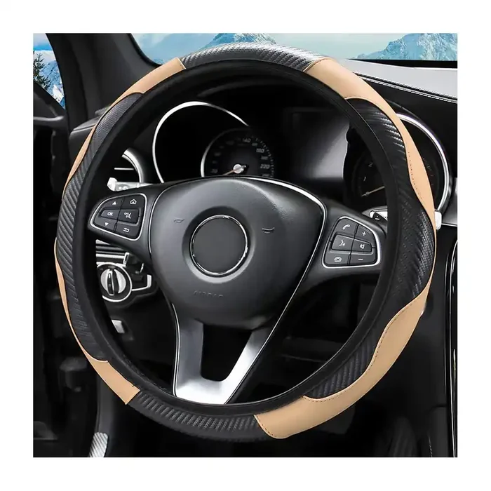 15 Inch Car Steering Wheel Cover, Carbon Fiber Microfiber Leather Elastic Stretch, Anti-Slip Breathable Steering Wheel Protector For Women Men, Car Accessories For Suv, Truck, Van (Beige)