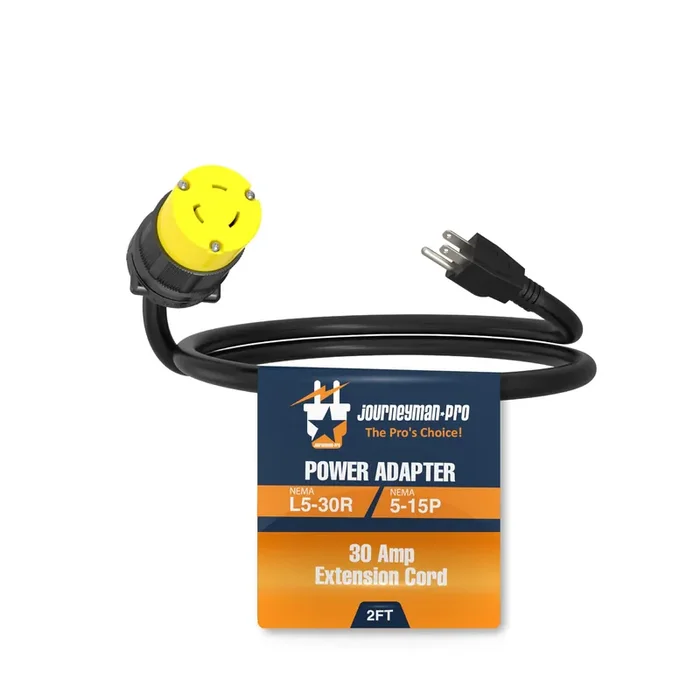 15 To 30 Amp 110 Volt Rv Power Cord Adapter By Journeyman Pro, 15A Male Plug (5-15P) Converts To 30A Female Connector (Tt-30R) 24 Inch Inline Extension (15Male-30Female (L5-30R))