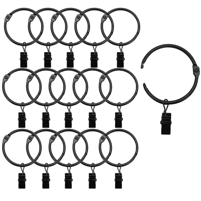16 Pack Openable Curtain Rings With Clips, Black Shower Curtain Hooks Curtain Clips Rings For Hanging Drapery Drapes Bows, 1 Inch Diameter, Fits Up To 5/8‘ Rod