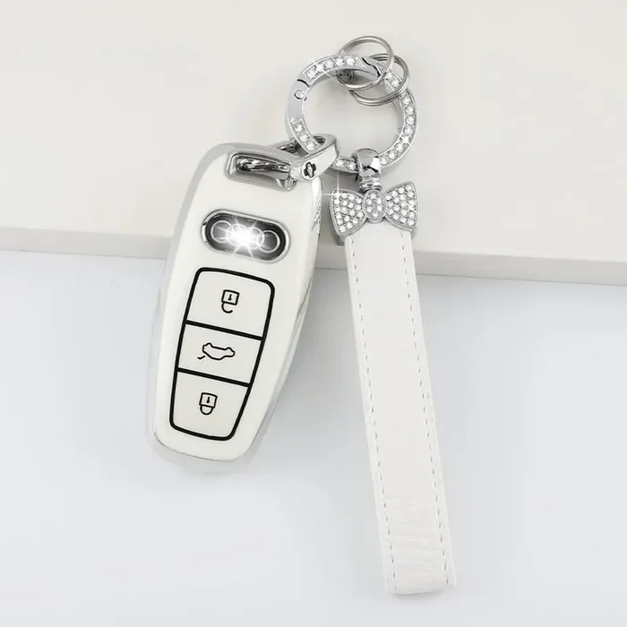 1797 For Audi Key Fob Cover Bling Keychain A6 A7 A8 Q7 Q8 S6 S7 Accessories Car Remote Case Shell Protector Girly Cute 3 Button White Silver Tpu