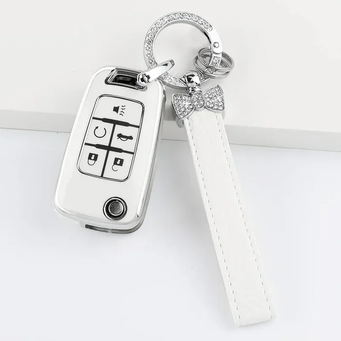 1797 For Chevy Chevrolet Key Fob Cover Malibu Camaro Cruze Equinox Impala Accessories Bling Car Remote Key Chain Case Shell Protector 5 Button Girly Cute White Silver Tpu