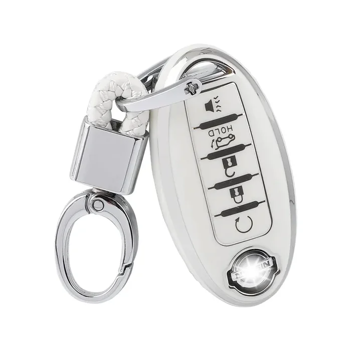 1797 For Nissan Key Fob Cover Accessories Altima Rogue Sentra Pathfinder Maxima Titan Murano Car Remote Key Chain Case Shell Protector Girly Cute 5 Button White Silver Tpu