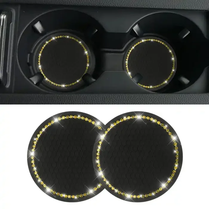 2 Pack Car Bling Cup Holder Coaster, 2.75 Inch Crystal Rhinestone Car Cup Holder Insert Coaster,Universal For Cars, Vehicles, Suvs, Car Interior Accessories For Women And Men (Black/Yellow)