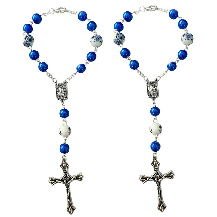 2 Pieces Car Rosary Car Mirror Hanging Accessories,Car Rosary&Cross Pendant Car Interior Accessories,Car Rearview Mirror Hanging Ornament For Mirror Interior Decors(White)