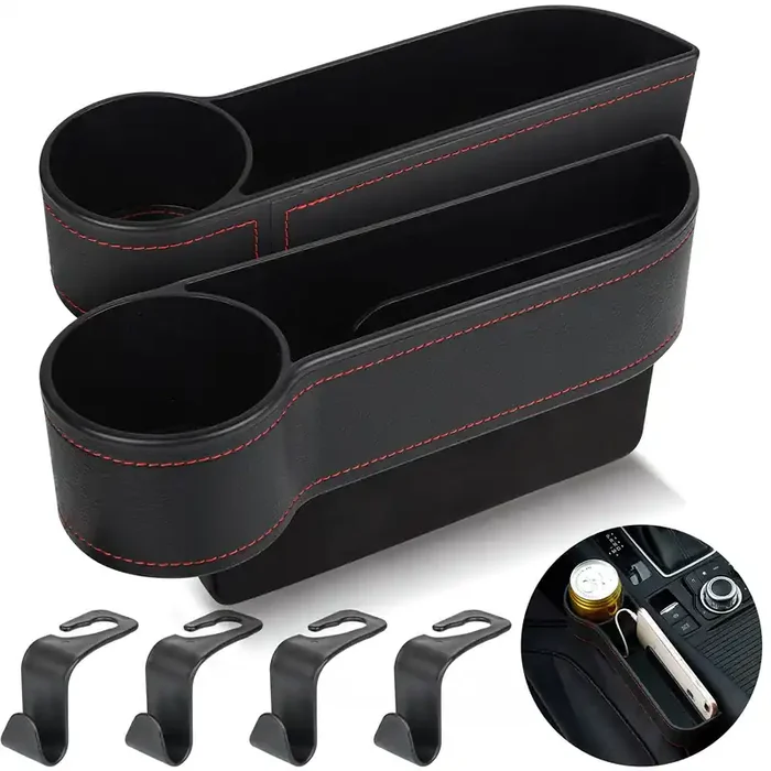 2 Set Car Seat Gap Organizer, Car Gap Filler Storage Boxes, Pu Leather Front Seat Console Side Pocket Bags With Cup Holder 4 Hooks, Automotive Storage Box For Phone, Drinks, Cards, Sunglasses, Black