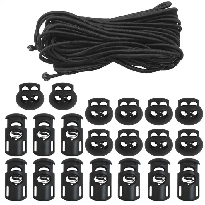 20 Pcs Plastic Cord Locks & Elastic Bungee Nylon Shock Cord 5/32‘ 50 Ft Lengths, Dakuan 10 Pcs Sing-Hole, 10 Pcs Double-Hole (Black) End Spring Toggle Stopper Slider With Crafting Stretch String