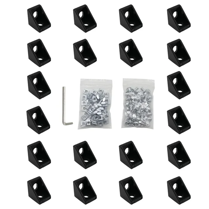 20Pcs Black 2020 Series 1720 Aluminum Profile Corner Bracket With 40Pcs M5 T Nuts +40Pcs M5 Screws + 1Pcs Wrench For Slot 6Mm 20S Aluminum Rail Accessories (20Pcs 1720 Corner Bracket)