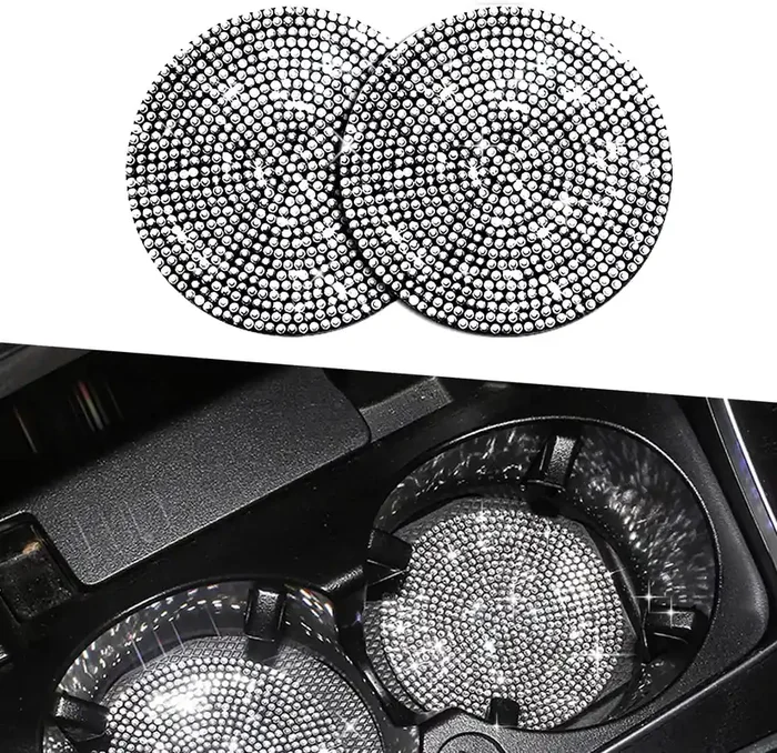 2Pcs Bling Cup Holder Insert Coaster- 2.75 Inch Silicone Anti-Slip Shockproof, Universal Fashion Car Interior Accessories For Women (White)