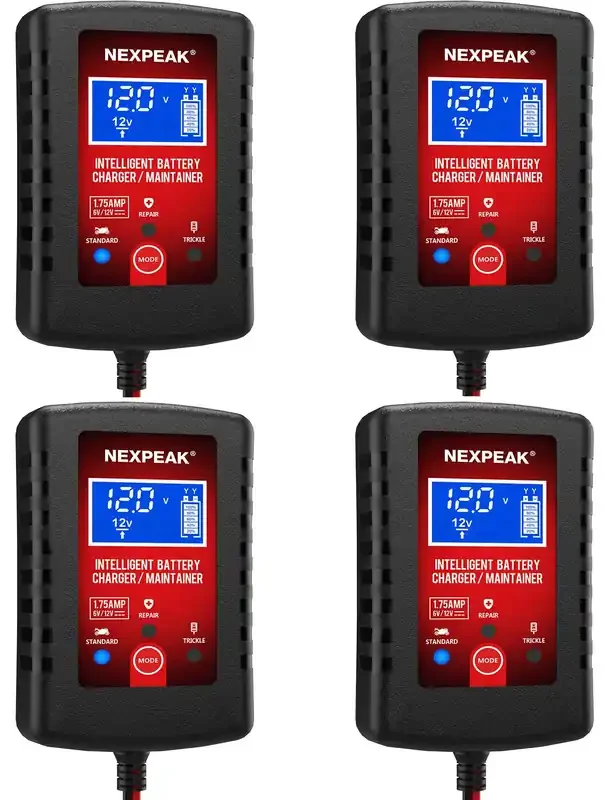 [4-Pack]1.75-Amp Car Battery Charger, 6V And 12V Smart Fully Automatic Battery Charger Maintainer, Trickle Charger, Battery Desulfator For Car, Lawn Mower, Motorcycle, Boat, Marine Lead Acid Batteries