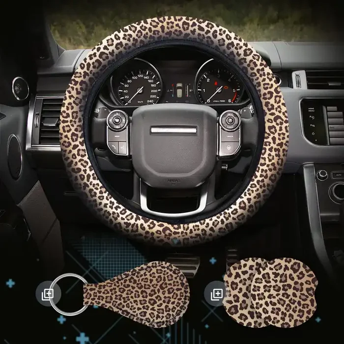 4 Pieces Leopard Cheetah Print Steering Wheel Cover Set With Car Cup Holder & Quarter Keyring, Universal Fit 14-15.5 Inches, Leopard Cheetah Print Car Accessories Set