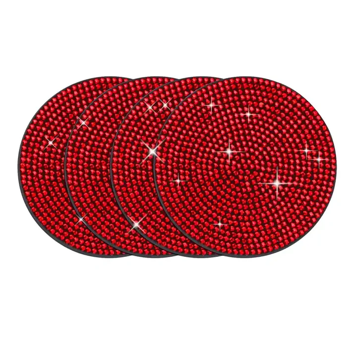 4Pcs Bling Cup Holder Insert Coaster- 2.75 Inch Silicone Anti-Slip Shockproof, Universal Fashion Car Interior Accessories For Women (Red)