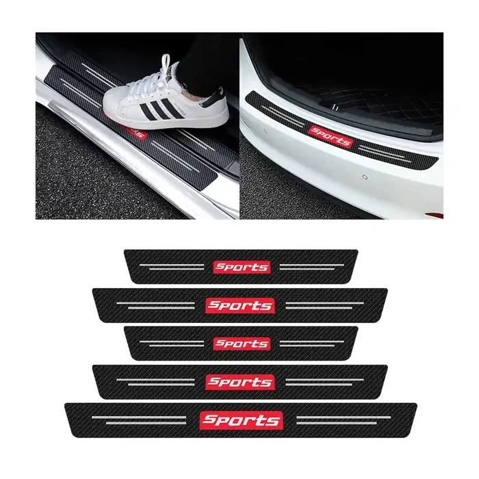 4Pcs Car Door Sill Protector And 1Pcs Rear Bumper Guard, Carbon Fiber Anti-Scratch Cover Strips, Trunk Door Entry Edge Protection Sticker, Auto Accessories Universal For Most Vehicles (Red/Sport)