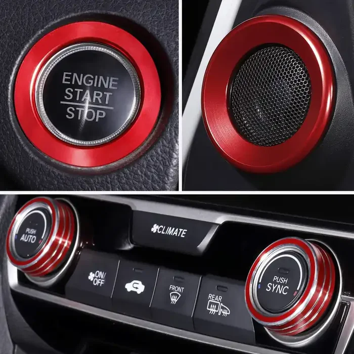 5 Pcs For Honda Civic 2016 2017 2018 2019 2020 2021 Climate Control A-Pillar Door Speaker Engine Start Stop Push To Start Button Cover, Ac Switch Temperature Knob Sticker (Red)