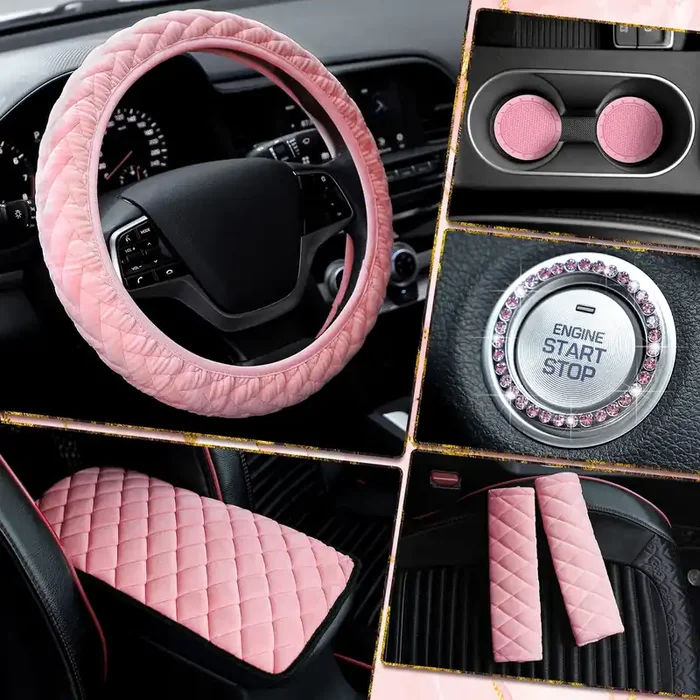 8 Pcs Pink Cute Car Accessories Set Includes Fluffy Steering Wheel Cover 2 Pcs Seat Belt Shoulder Pads Auto Center Console Pad 2 Pcs Cup Holders 2 Pcs Bling Start Button Ring Sticker For Women Girls