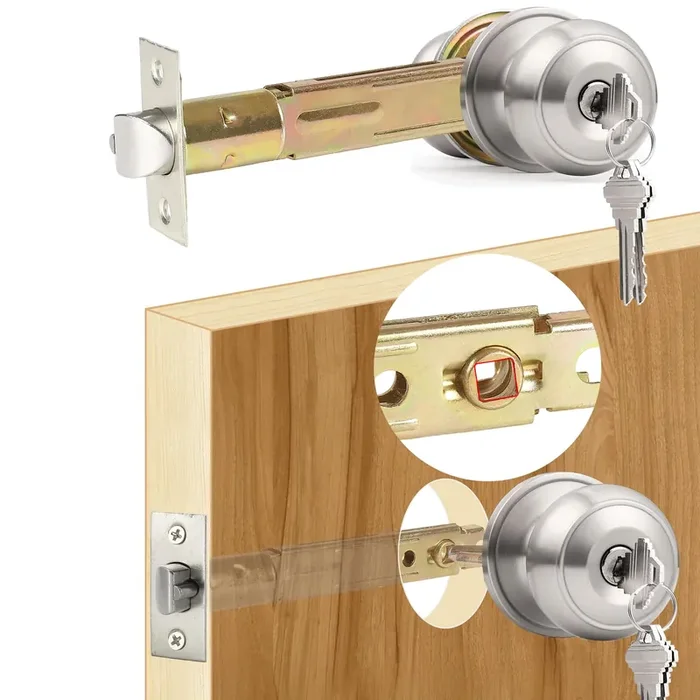 Aceplanet 5‘ Backset Entry Door Latch With Standard Keyed Knobset, 19/64‘ (7.6Mm) Square Interface With Square Corner Faceplate, Non-Handed, Satin Nickel