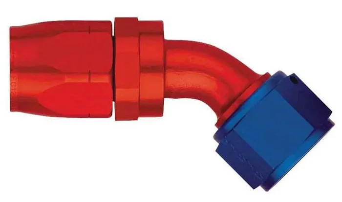 Aeroquip Fitting, Hose End, Aqp/Startlite, 45 Degree, 6 An Hose To 6 An Female Swivel, Aluminum, Blue/Red Anodize, Each