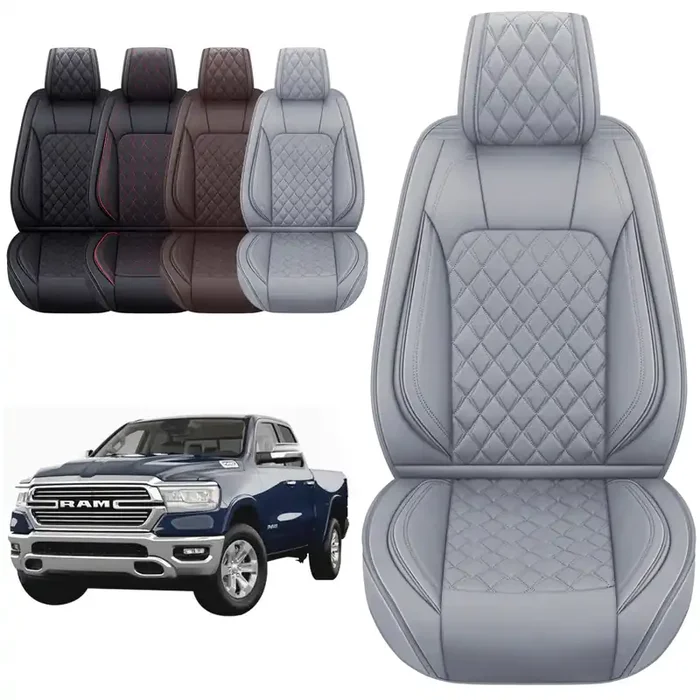 Aierxuan Dodge Ram Car Seat Covers Front Pair Waterproof Leather Custom Fit 2009-2023 1500/2500/3500 Crew Quad Regular Cab Truck Pickup Compatible With Airbag(2 Pcs Front/Grey)