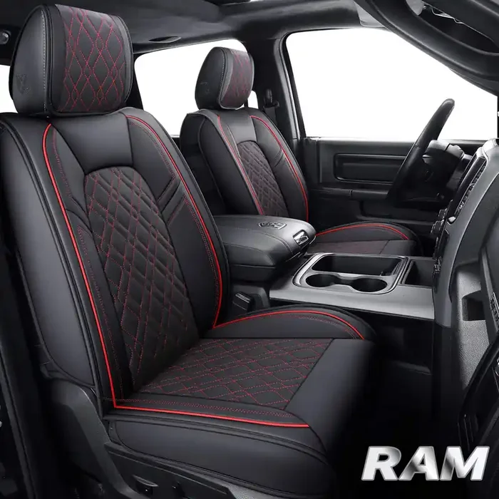 Aierxuan Dodge Ram Car Seat Covers Full Set Custom Fit 2009-2024 1500 2010-2024 2500 3500 Pickup Truck Crew Double Quad Regular Cab Waterproof Leather Cushions(Full Set, Black-Red)