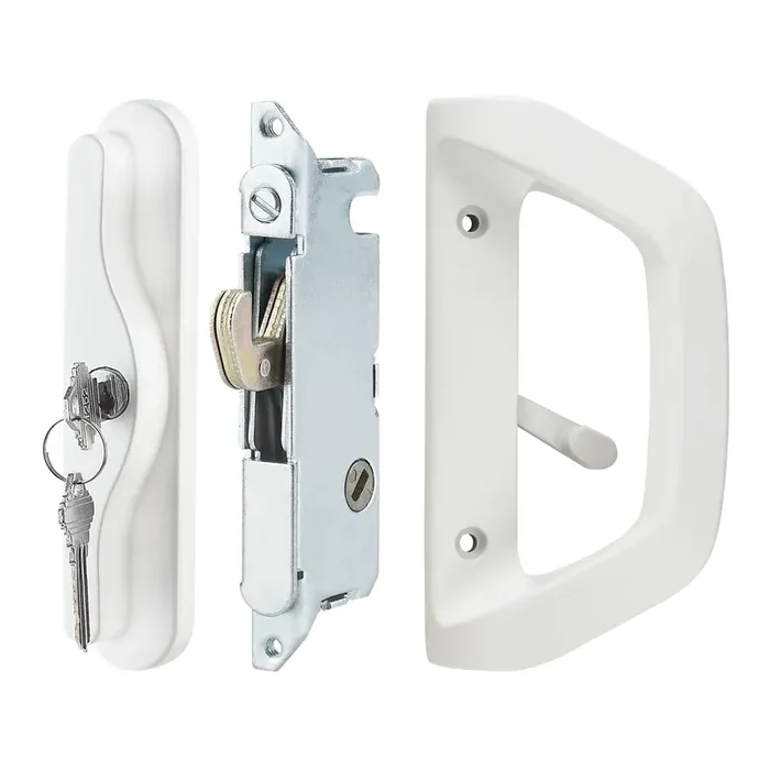 Aisecure Sliding Glass Door Handle Set With Key Cylinder And Mortise Lock Patio Door Lock Replacement Fits 3-15/16 Inch Screw Hole Spacing White