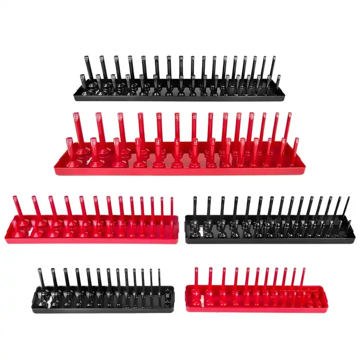 Aiuitio 6Pcs Socket Organizer Tray Set, Red Sae & Black Metric Socket Storage Trays, 1/4-Inch, 3/8-Inch & 1/2-Inch Drive Deep And Shallow Socket Holders For Toolboxes