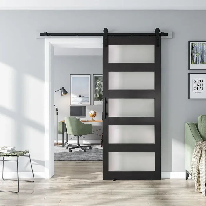 Alamedadt 28‘‘ X 84‘‘ Glass Barn Door And 5 Ft Hardware Kit Included, Mdf White Barn Door Slab With Frosted Glass, Pvc Surface, Combined With Handle And Floor Guide-Assembly Required, Dark Grey