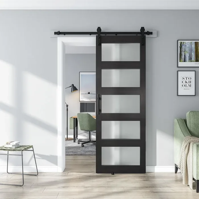 Alamedadt 30‘‘ X 84‘‘ Glass Barn Door And 5 Ft Hardware Kit Included, Mdf White Barn Door Slab With Frosted Glass, Pvc Surface, Combined With Handle And Floor Guide-Assembly Required, Dark Grey