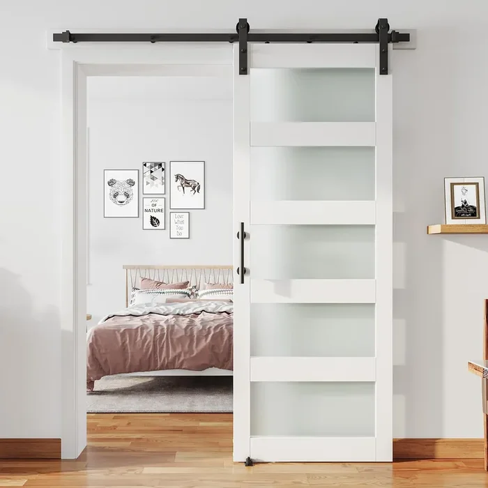 Alamedadt 30‘‘ X 96‘‘ Glass Barn Door And 5 Ft Hardware Kit Included, Mdf White Barn Door Slab With Frosted Glass, Pvc Surface, Combined With Handle And Floor Guide-Assembly Required, White