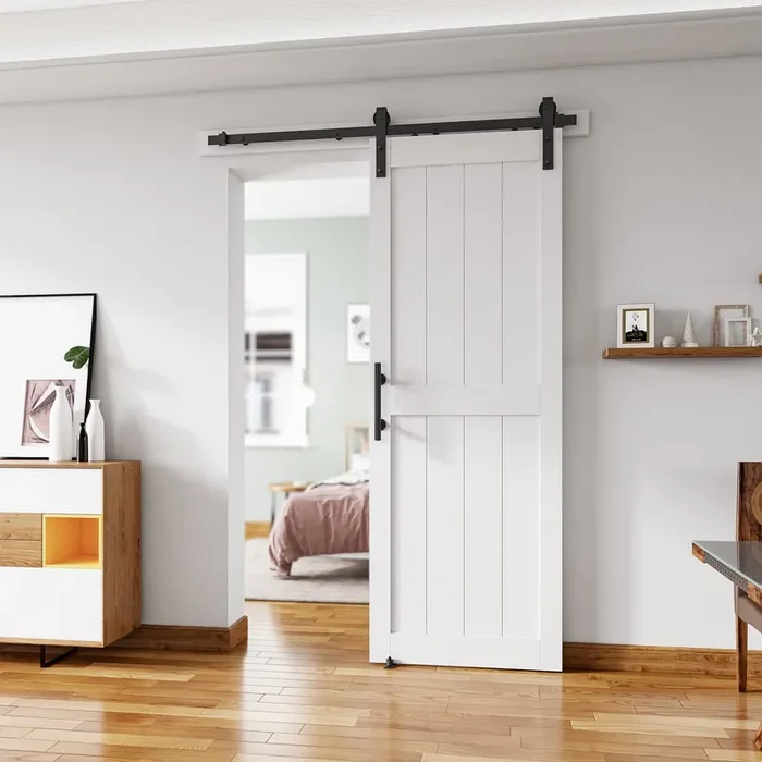 Alamedadt 30‘‘X84‘‘ Sliding Barn Door With 5 Ft Barn Door Hardware Kit& Handle& Floor Guides,Pre-Drilled Holes Easy Assembly – Include Installation Manual, Water-Proof Pvc Surface, H-Frame, White