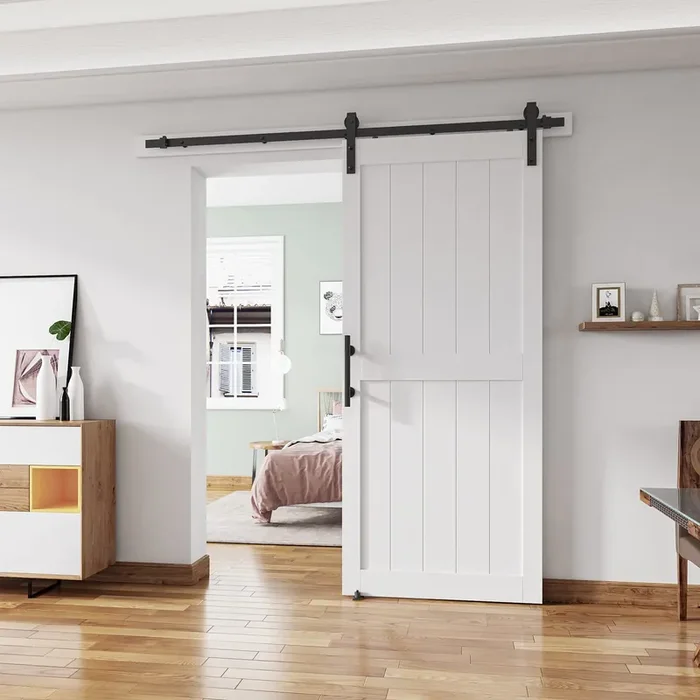 Alamedadt 38‘‘X84‘‘ Sliding Barn Door With 6.6 Ft Barn Door Hardware Kit& Handle& Floor Guides,Pre-Drilled Holes Easy Assembly – Include Installation Manual, Water-Proof Pvc Surface, H-Frame, White