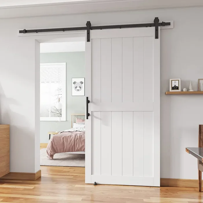 Alamedadt 40‘‘X84‘‘ Sliding Barn Door With 7 Ft Barn Door Hardware Kit& Handle& Floor Guides,Pre-Drilled Holes Easy Assembly – Include Installation Manual, Water-Proof Pvc Surface, H-Frame, White