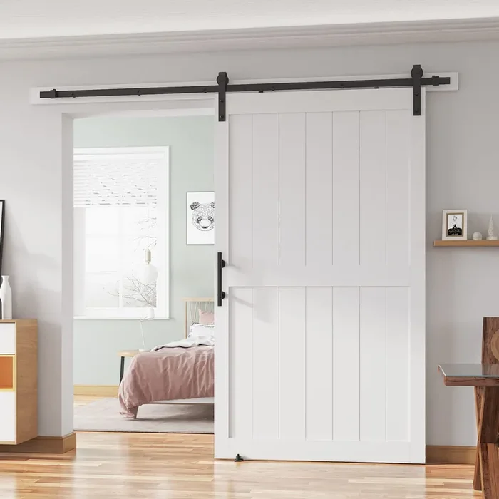 Alamedadt 48‘‘X84‘‘ Sliding Barn Door With 8 Ft Barn Door Hardware Kit& Handle& Floor Guides,Pre-Drilled Holes Easy Assembly – Include Installation Manual, Water-Proof Pvc Surface, H-Frame, White