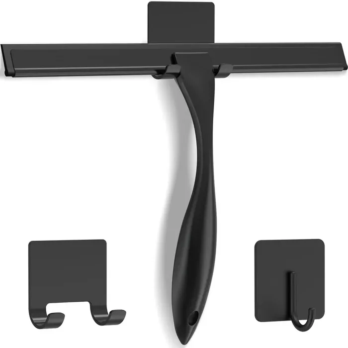 All-Purpose Stainless Steel Shower Squeegee For Shower Doors With 2 Adhesive Hooks, Bathroom Cleaner Tool Household Window Mirror Squeegee For Home Cleaning, Glass Door, Tile Wall, Car, 10 Inch Black