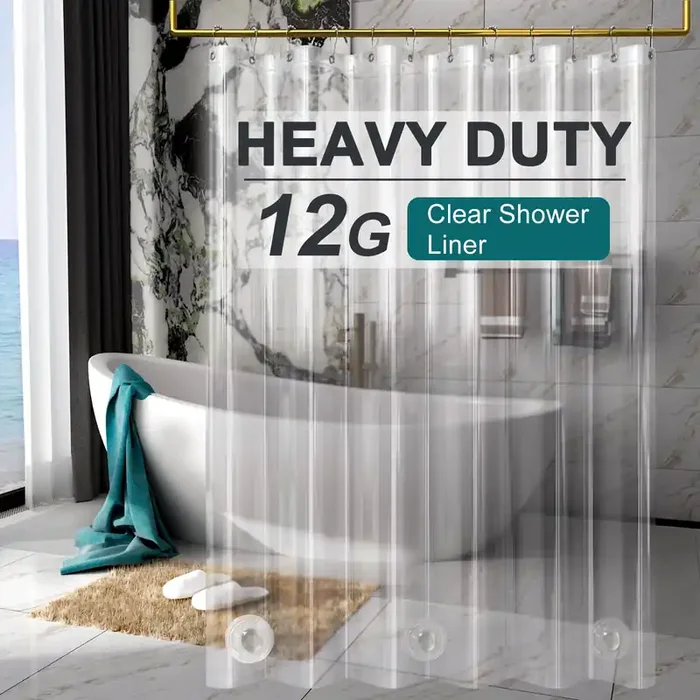 Amazerbath Heavy Duty Shower Curtain Liner 12 Gauge, 72 X 84 Inches Clear Shower Curtain Liner With 3 Clear Stones And 12 Grommet Holes, Weighted Plastic Shower Curtain Liner