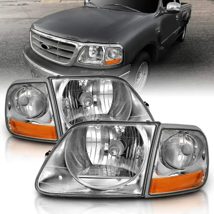 Amerilite Replacement Crystal Halogen Car Headlights With Corner Parking Set For Ford F150 F-150 Harley Lighting – Driver And Passenger, Vehicle Light Assembly, Chrome
