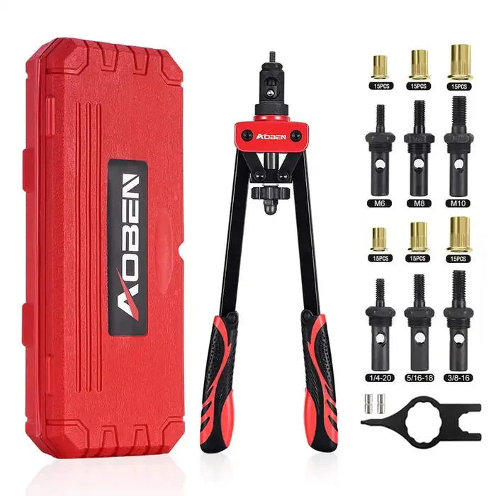 Aoben 14″ Rivet Nut Tool, Professional Hand Rivet Nut Setter Kit Labor-Saving And Compact Design Including 6 Interchangeable Mandrels 90Pcs Rivnuts And 2 Mandrel Lock Pins
