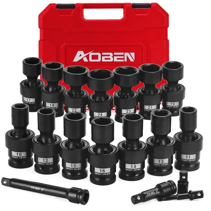 Aoben 18 Pcs 1/2″ Drive Shallow Universal Impact Socket Set, Swivel Socket With Flexible Wobble, 6 Point, Metric,10-24Mm,Cr-V Steel, Includes Extension Bars And Adapter