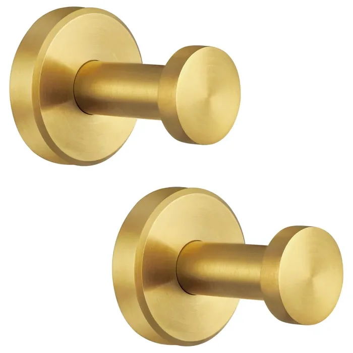 Aplusee Bathroom Towel Hook 2 Pack, Sus 304 Stainless Steel Round Coat Robe Hanger, Contemporary Decorative Toilet Kitchen Clothes Wall Holder (Brushed Gold)
