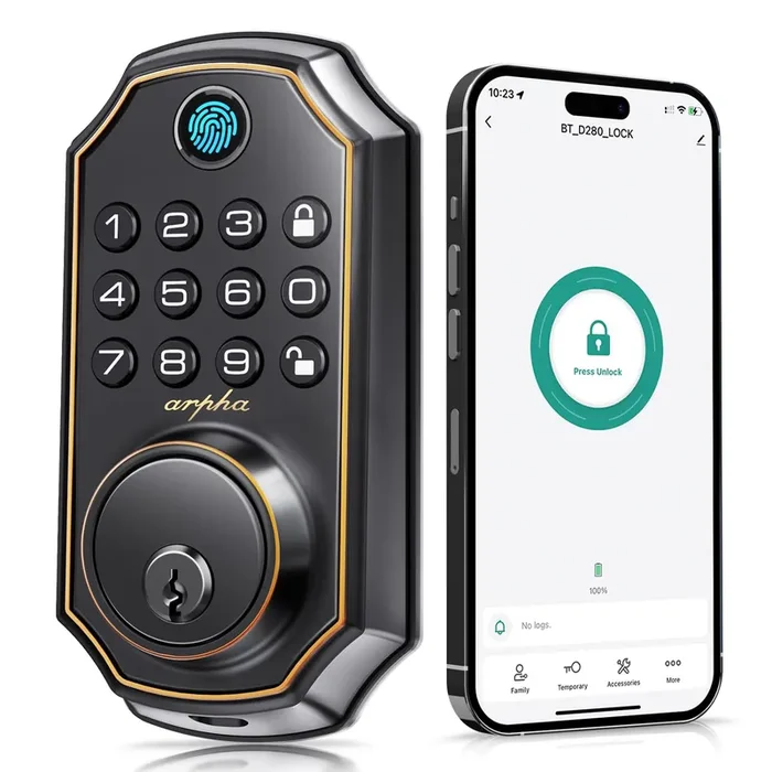 Arpha Keyless Entry Door Lock D280, 5 In 1 Smart Fingerprint Door Lock, Keypad Deadbolt With 2 Keys, One Touch Lock/Unlock, Auto-Lock, One Time Code, Zinc Alloy