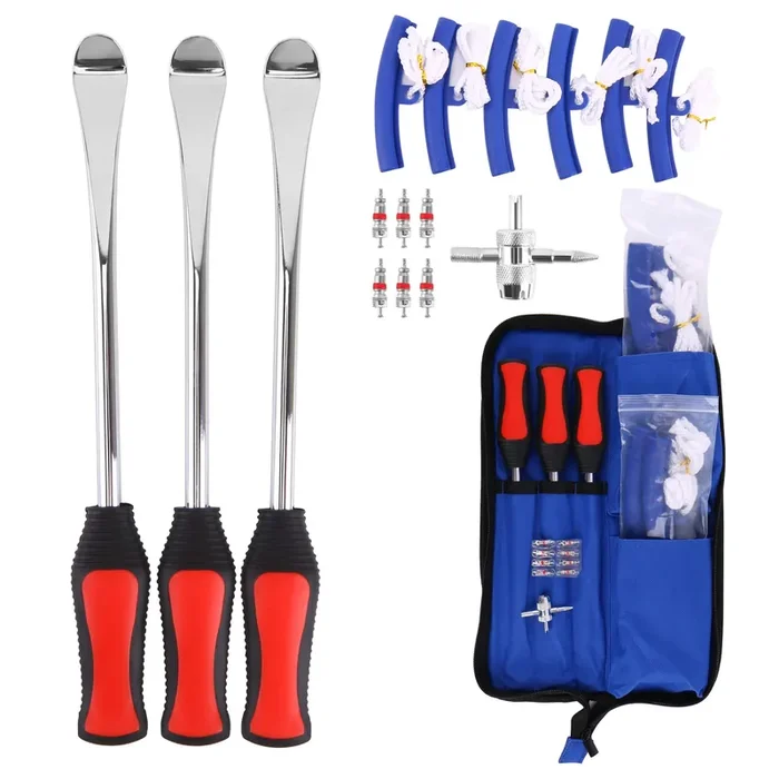 Asooll 11.5″ Tire Spoon Dirt Bike Tire Changing Spoons Tool Lever Steel Spoons Kit For Motorcycle Atv Lawn Mower With 1 Portable Bag + 3 Tire Spoons+ 6 Rim Protectors + 6 Valve Cores + 1 Valve