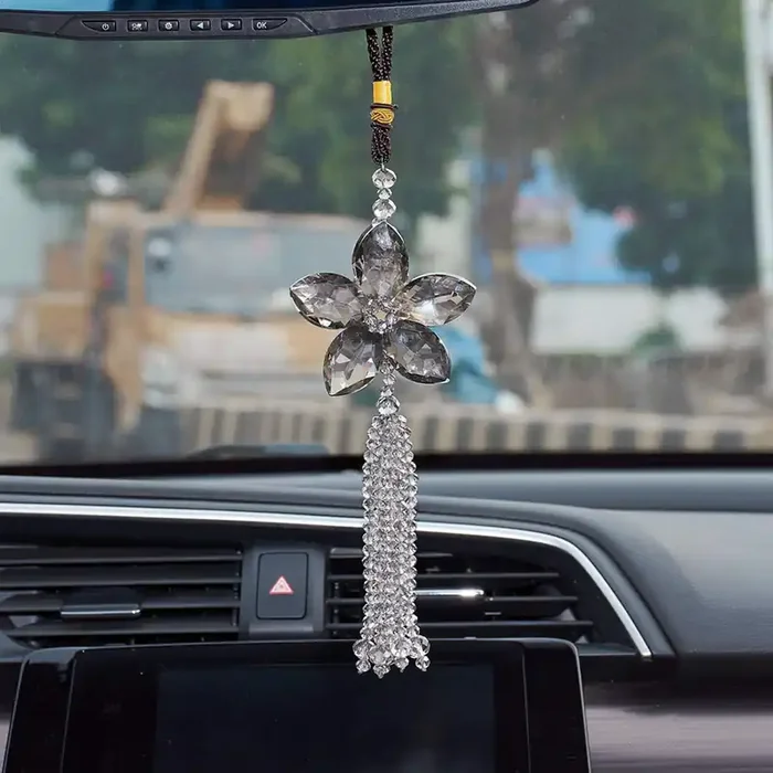 Atmomo Crystal Flower Car Rear View Mirror Pendant Car Hanging Ornament Lucky Car Charm With Dangle Beads, Gray