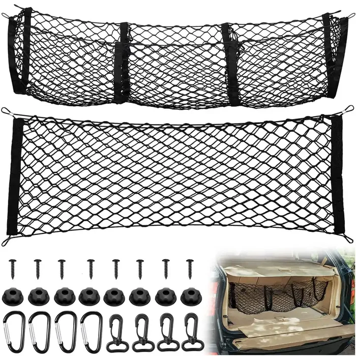 Automotive Cargo Net Stretchable And 3 Pocket Trunk Net Organizer Black Car Interior Accessories Cargo Storage Mesh Net Truck Bed Grocery Holder With Hooks Screws Buttonholes (43.3 X 15.7 Inches)