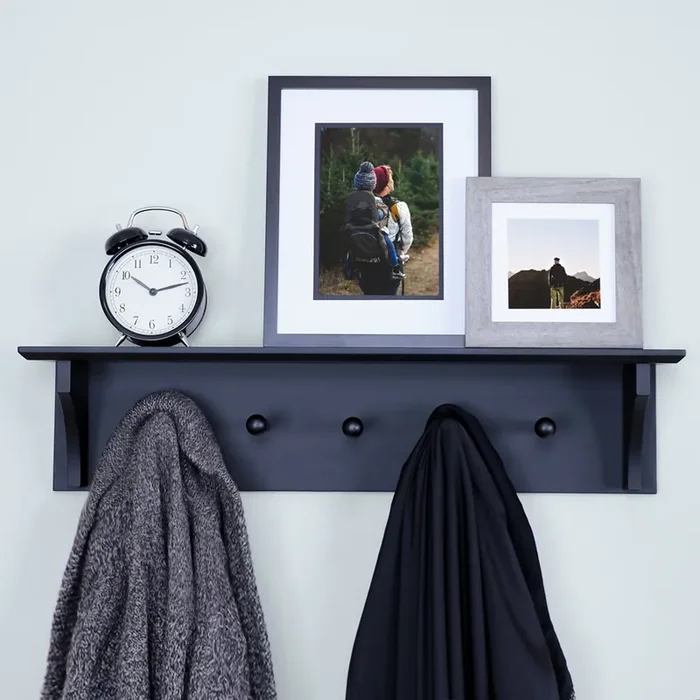 Ballucci Floating Coat And Hat Wall Shelf Rack, Coat Rack Wall Mount, 5 Pegs Hook, 24‘, Black