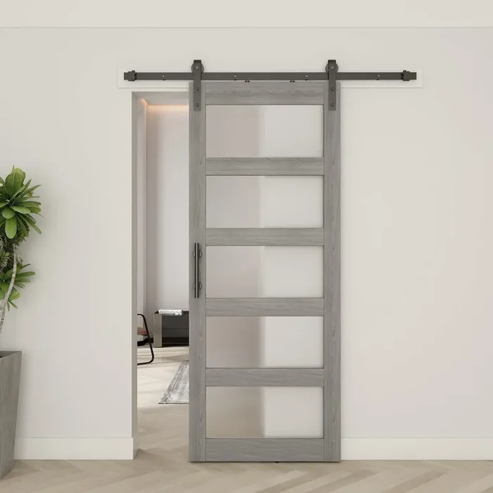 Barnsmith 30In X 84In Glass Barn Door With 5Ft Sliding Door Hardware Kit Included & Handle,5-Panel Frosted Glass Solid Wood Slab With Water-Proof Pvc Surface,Pre-Drilled Easy Assembly,Grey