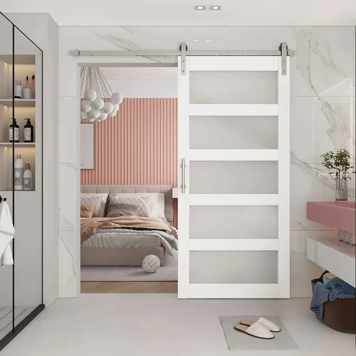 Barnsmith 36In X 84In Glass Barn Door With 6.6Ft Brushed Nickle Sliding Door Hardware Kit Included & Handle,5-Panel Frosted Glass Solid Wood Water-Proof Pvc Surface,Pre-Drilled Easy Assembly,White