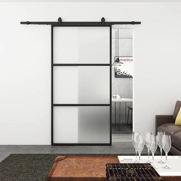 Barnsmith 42In X 84In Frosted Glass Barn Door With 7Ft Top Mounted Hardware Kit Include Soft Close Mechanism Black Carbon Steel Tempered Frosted Glass Sliding Door, Assemble Required Easy Installation