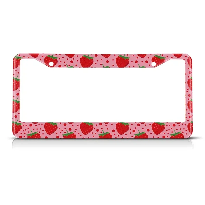 Beabes Cute Strawberry Pattern Fruit Pink License Plate Holder Polka Dots Red Frame License Plate Cover Car Accessories 2 Holes Novelty Auto Car Tag Vanity Present