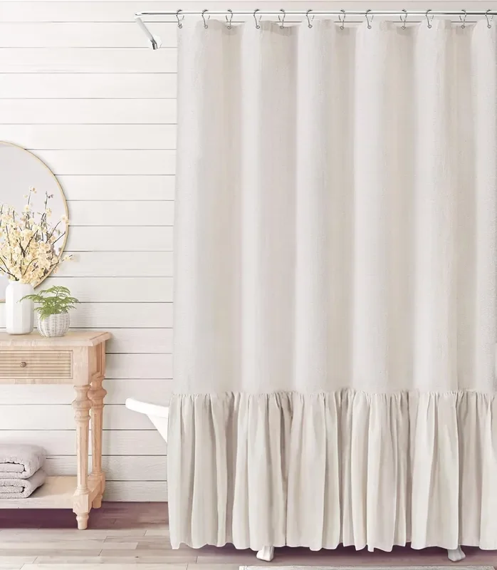 Beige Farmhouse Shower Curtain With A Ruffle Hem, Linen Shower Curtain For Bathroom, Natural,72‘X72‘ 12 Hooks